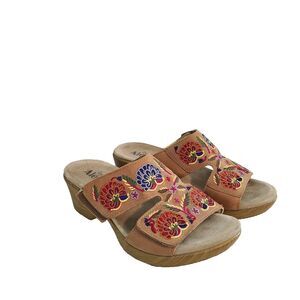 Alegria Linn Sandals EU 38 Cognac Leather Needles & Pins Embroidered Wedge Boho